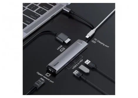 Хаб Baseus Mechanical eye Six-in-one smart HUB Type-C to PD+HDMI+3xUSB3.0+RJ45 серый  (CAHUB-J0G)
