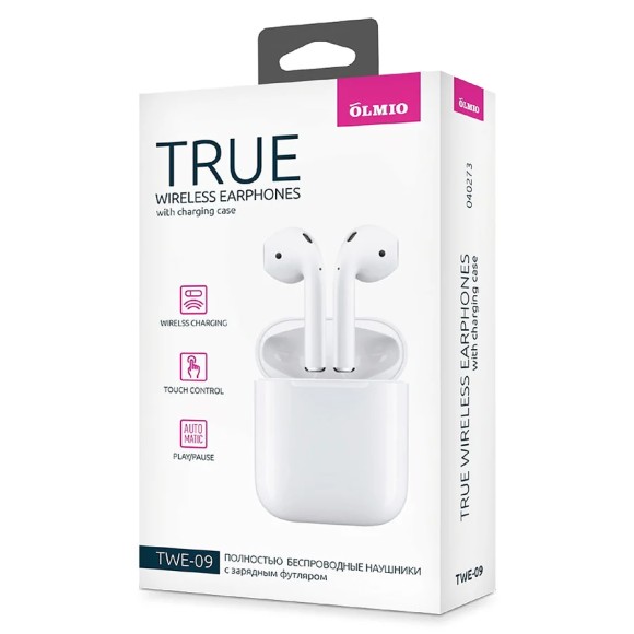 Наушники OLMIO TWE-09 с беспроводной зарядкой чехла, белые Наушники OLMIO TWE-09 с беспроводной зарядкой чехла, белые