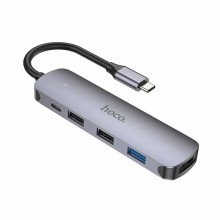 Разветвитель Hoco HB27/ Type-C хаб 5в1 (USB-C + 2 x USB2.0 + USB3.0 + HDMI) серый метал