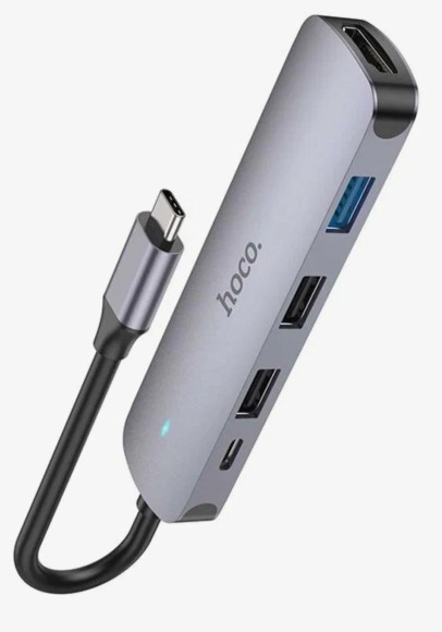 Разветвитель Hoco HB27/ Type-C хаб 5в1 (USB-C + 2 x USB2.0 + USB3.0 + HDMI) серый метал
