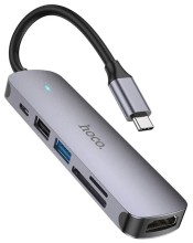 Разветвитель  HOCO HB28  Хаб 6 в 1, USB 3.0, Type-C, Card Reader SD, Micro SD, HDMI серый металл