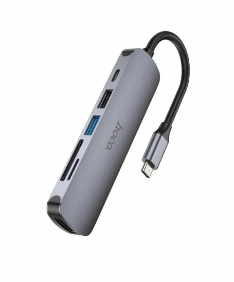 Разветвитель  HOCO HB28  Хаб 6 в 1, USB 3.0, Type-C, Card Reader SD, Micro SD, HDMI серый металл Разветвитель  HOCO HB28  Хаб 6 в 1, USB 3.0, Type-C, Card Reader SD, Micro SD, HDMI серый металл