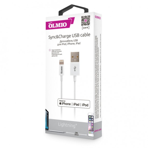 Кабель OLMIO USB 2.0 - iPhone/iPod/iPad 8pin, 1м, 2.1A, реверс., плоский Кабель OLMIO USB 2.0 - iPhone/iPod/iPad 8pin, 1м, 2.1A, реверс., плоский