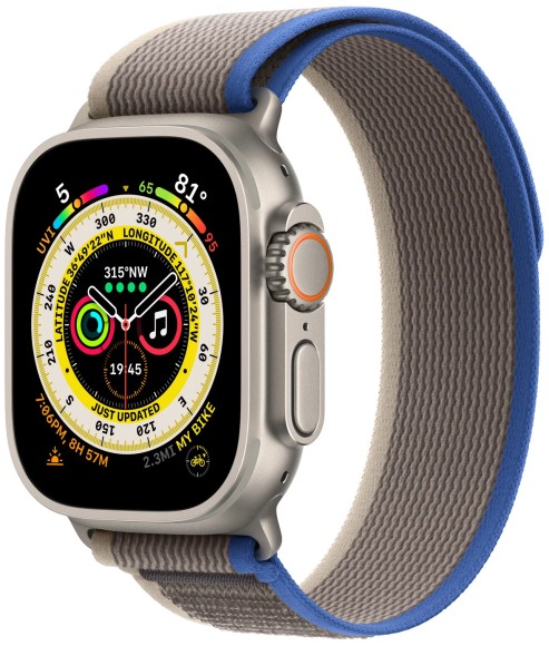 Умные часы Apple Watch Ultra MQFV3 49 мм/M/L Titanium Case Cellular, титановый/сине-серый Trail Loop (Синий, Серый)