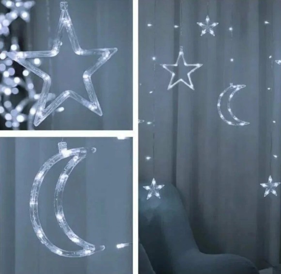 Гирлянда-занавес 3х1 м, звезды и месяцы (белый) Гирлянда-занавес 3х1 м, звезды и месяцы (белый)