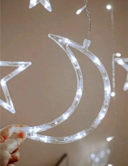 Гирлянда-занавес 3х1 м, звезды и месяцы (белый) Гирлянда-занавес 3х1 м, звезды и месяцы (белый)