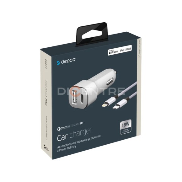 АЗУ Deppa Type-C+USB A 18W+кабель Lightning белый