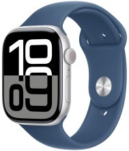 Apple Watch Series 10, 46 мм, корпус из алюминия серебристого цвета, спортивный ремешок цвета «синий деним»