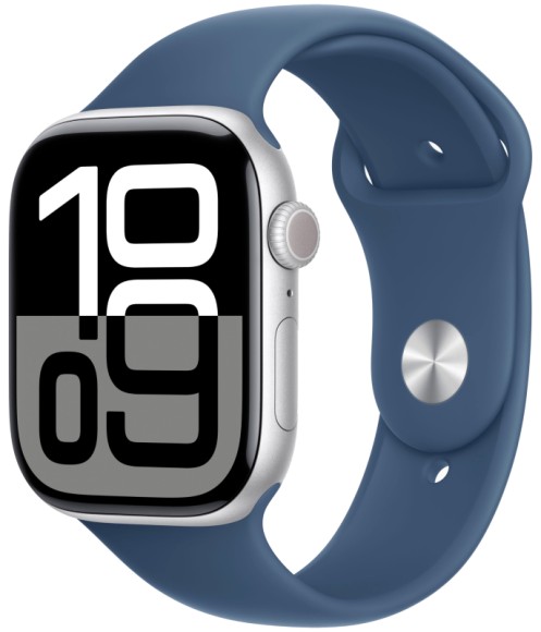 Apple Watch Series 10, 46 мм, корпус из алюминия серебристого цвета, спортивный ремешок цвета «синий деним»