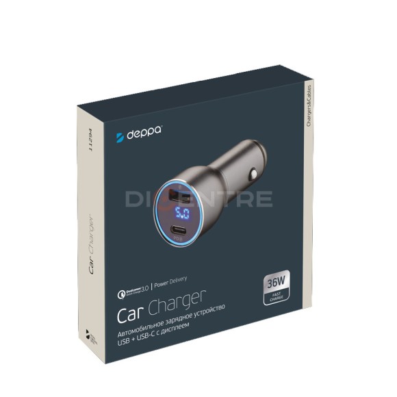 АЗУ Deppa USB A +USB-C 36W, дисплей, графит