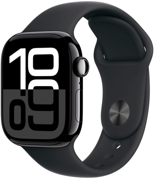 Apple Watch Series 10, 42 мм, корпус из алюминия цвета «чёрный глянец», спортивный ремешок черного цвета 