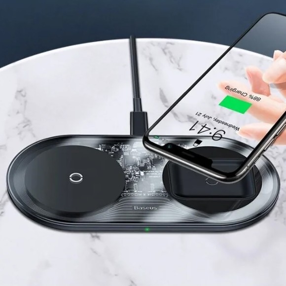 Беспроводное зарядное устройство Baseus Simple 2in1 Wireless Charger Pro Edition (WXJK-C02) черный/прозрачный Беспроводное зарядное устройство Baseus Simple 2in1 Wireless Charger Pro Edition (WXJK-C02) черный/прозрачный