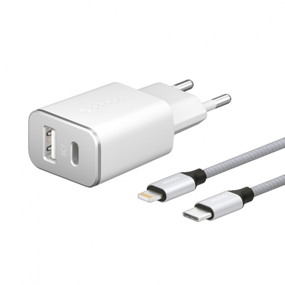 СЗУ Deppa Type-C+USB A 18W QC 3.0+Lightning кабель белый
