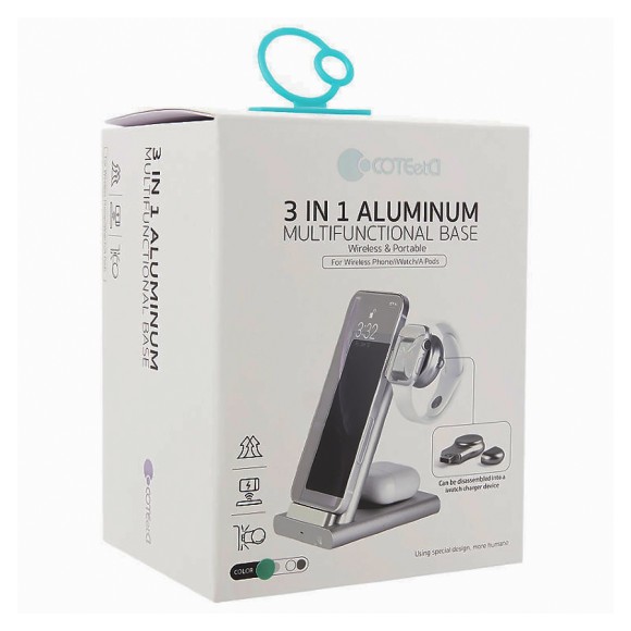 Беспроводная зарядка 3-в-1 COTEetCI CS5700 Aluminium WS20 (iPhone+Apple Watch+AirPods), серебро