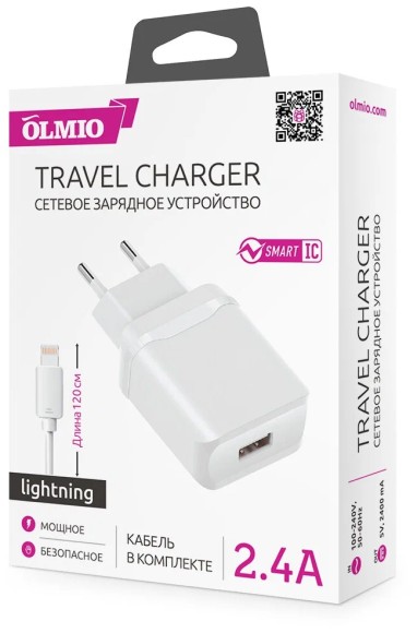 Сетевое Зарядное Устройство USB, 2.4A, Smart IC, +Lightning кабель в комплекте Сетевое Зарядное Устройство USB, 2.4A, Smart IC, +Lightning кабель в комплекте