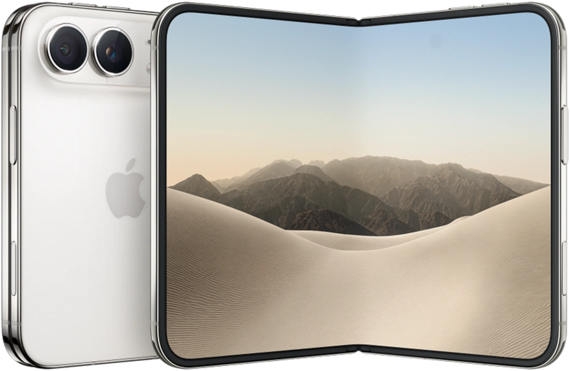 Раскрытый Apple iPhone Duo в цвете Звездный белый, спереди и сзади